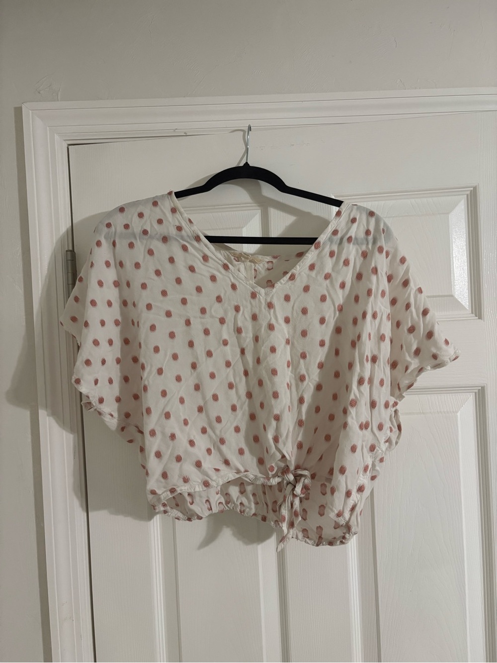 Cream Polka Dot Tie-Front Crop Top